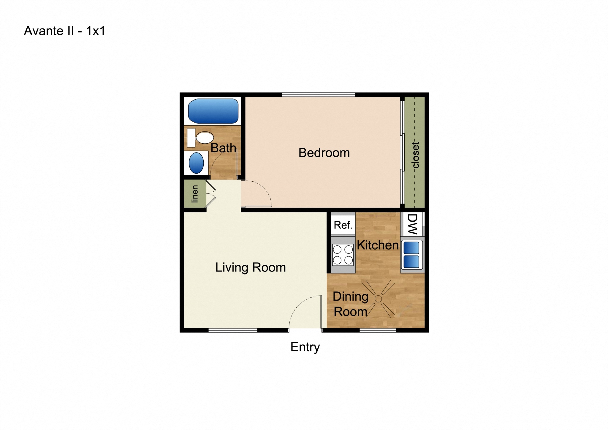 Floor plan for 1 bed, 1 bath, 690 sqft